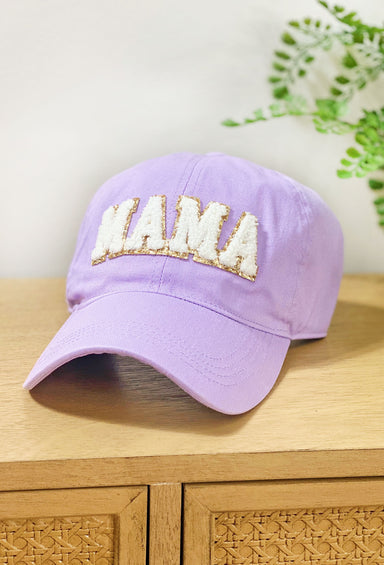 Purple Mama Baseball Cap, baseball cap with white and gold "mama" patches on front