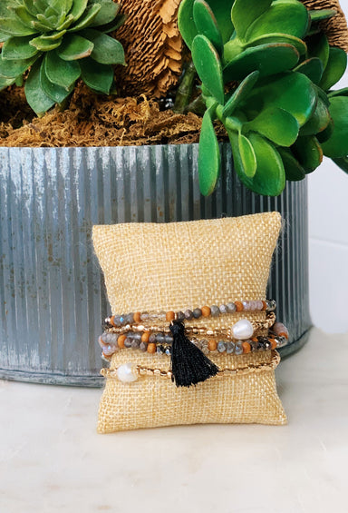 Quinn Bead & Pearl Bracelets, neutral brown earth tones bracelet set with 2 pearl beads and black tassel charm