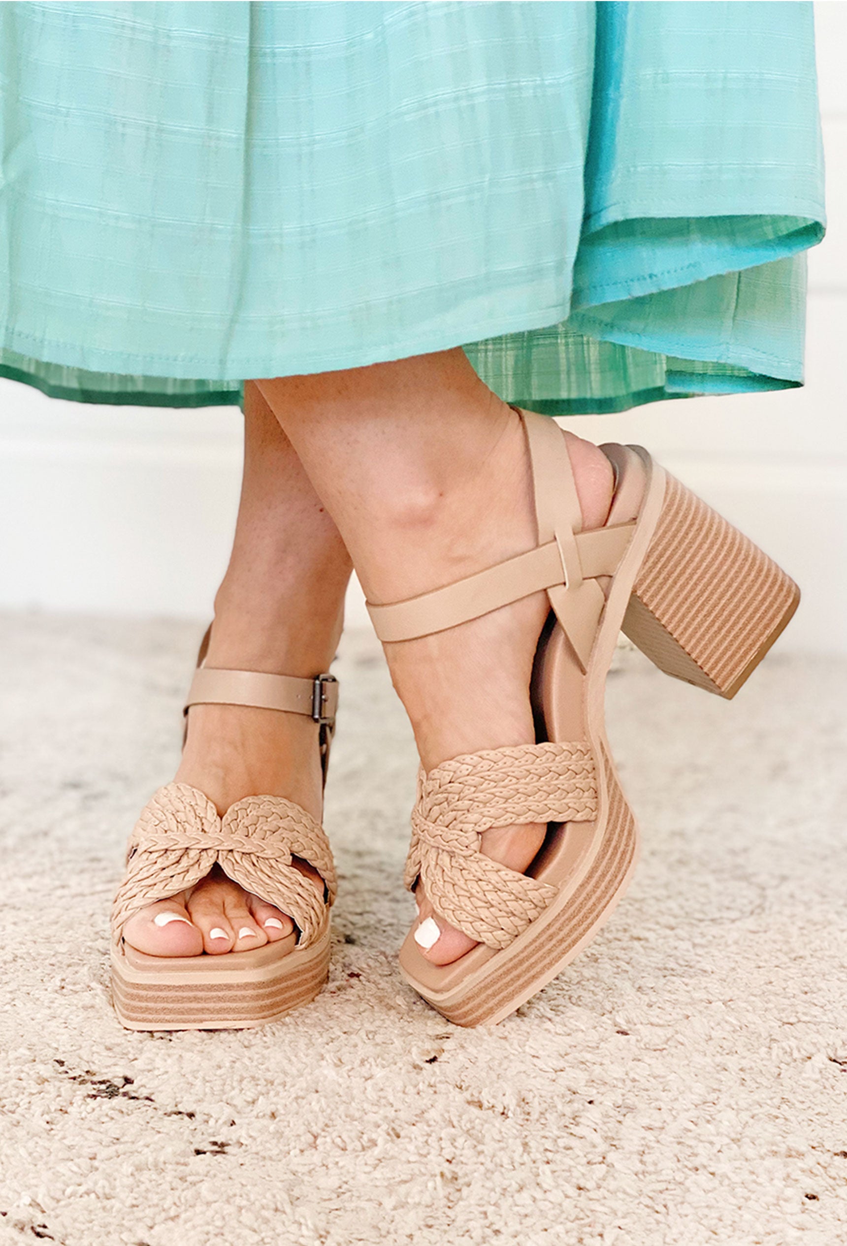 Rayan Beige Block Heel, beige block heel with braided straps across heel and around ankle