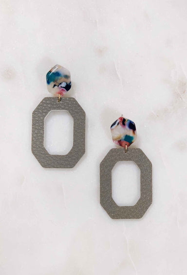 Resin Grey Geometric Drop Earrings, resin and grey leather stamped dangle earrings 