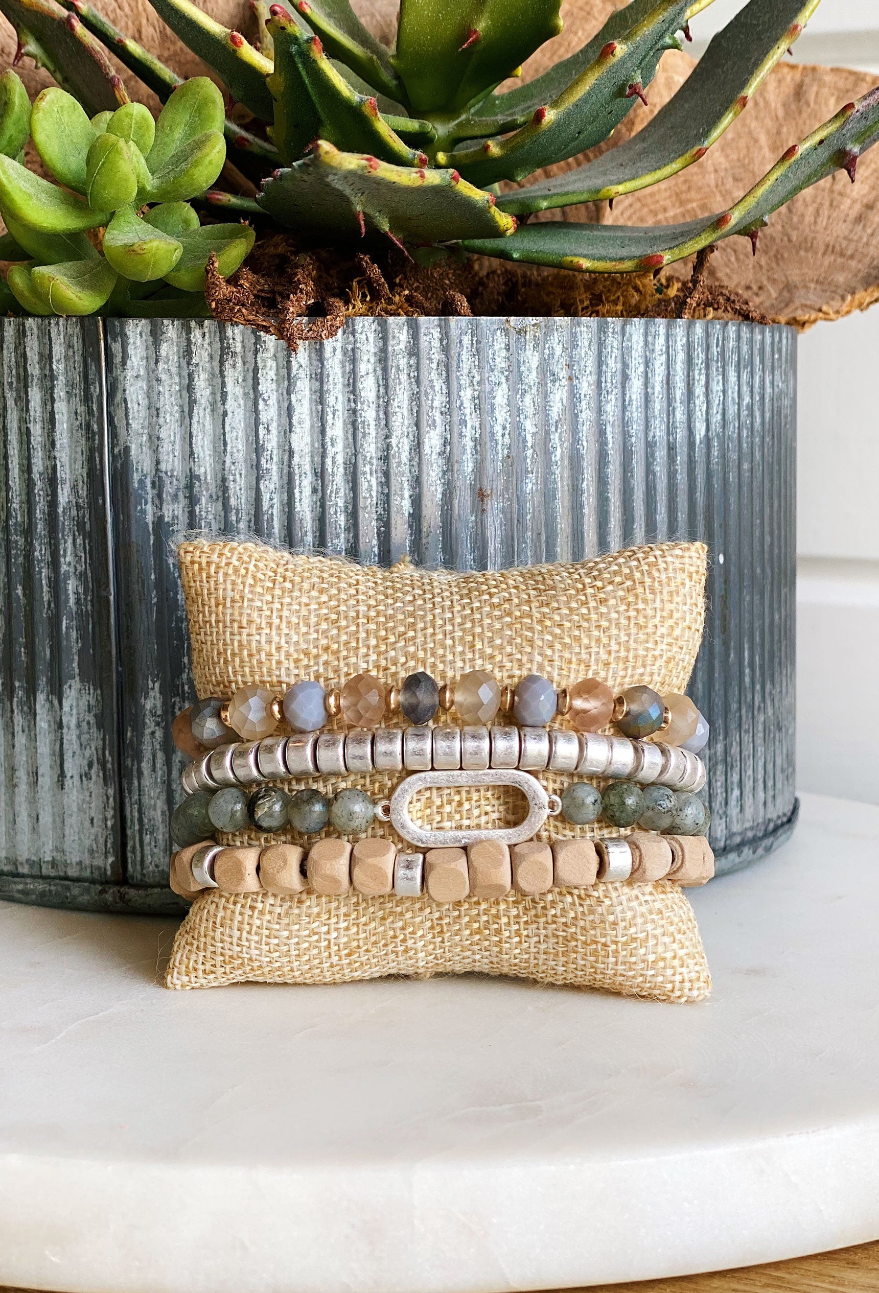 Riley Bracelet Set in grey, set of 4, pull on styling, silver and grey beads