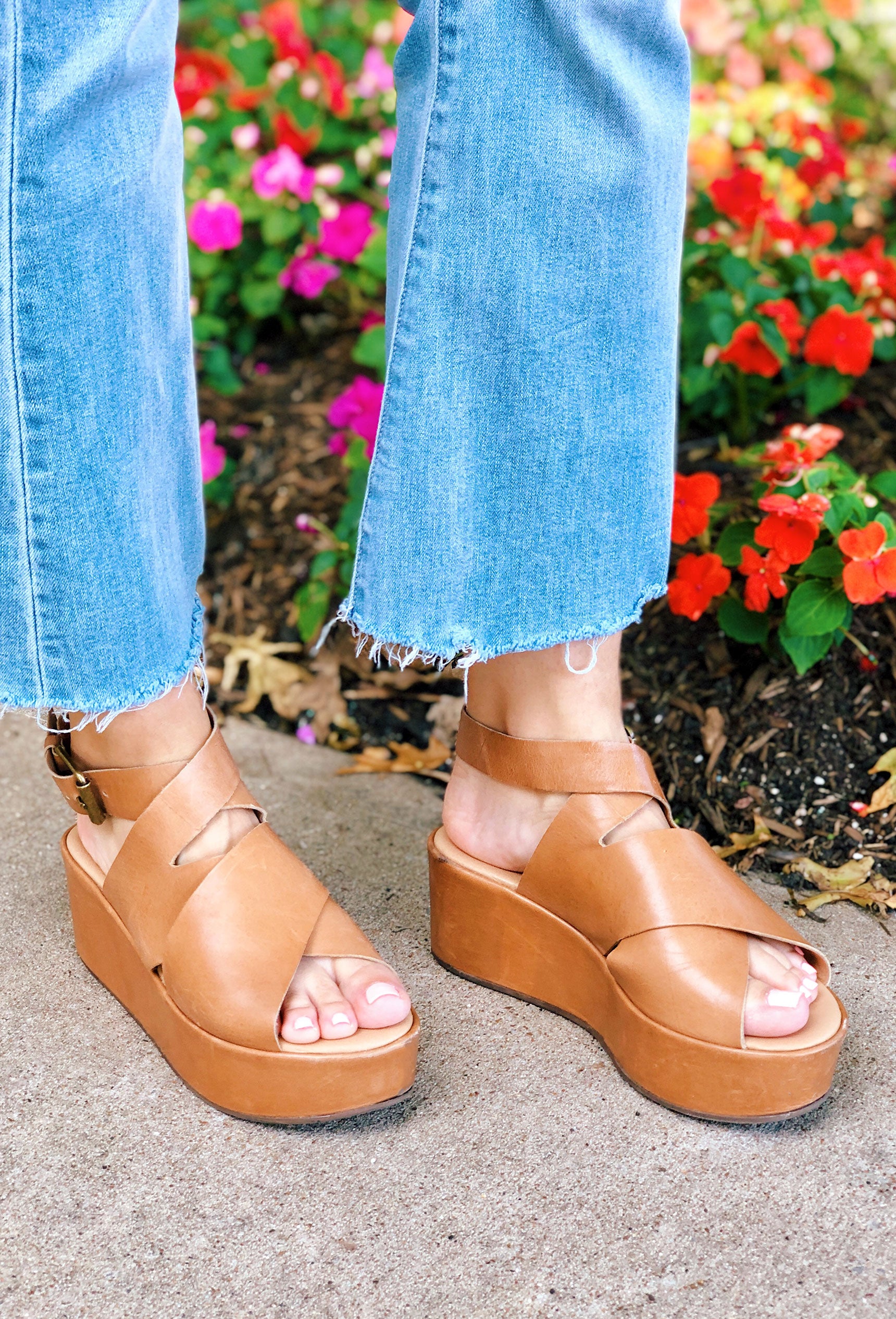 Runaway Platform Sandals in Tan, leather platform shoes with ankle buckle