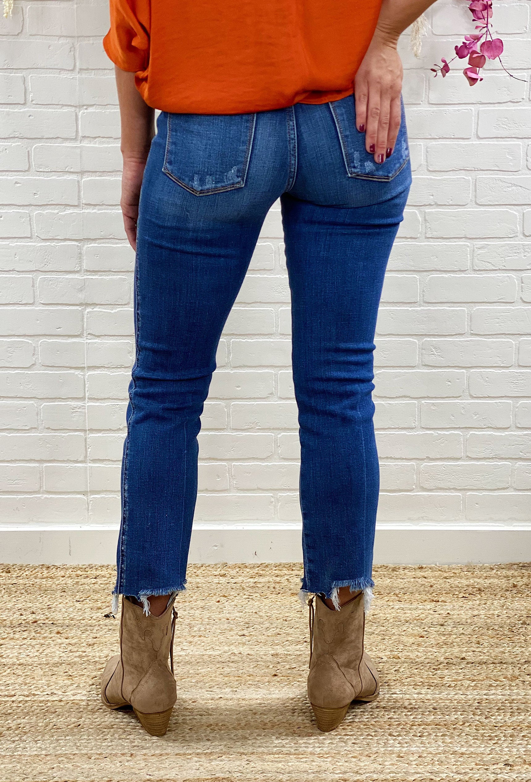 Samantha Mid Rise Crop Slim Straight Jeans, cropped straight jeans, distressing at the knees