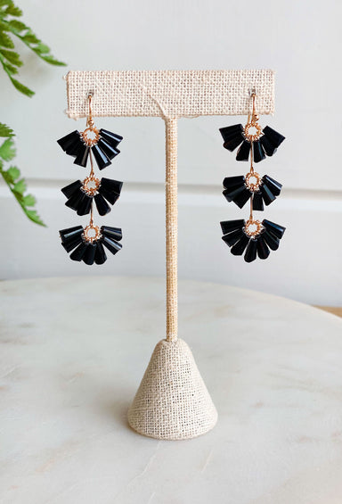 Sarah Drop Earrings in Black, drop earrings with black fanned out crystals