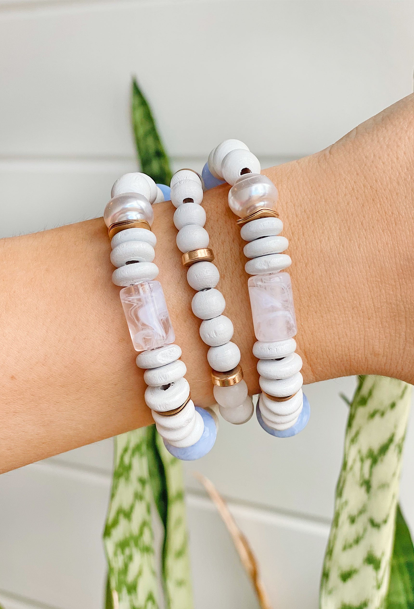 Seaside Memory Bracelet Set, light blue and clear beaded bracelet, set of 3