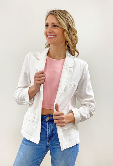 Serena Linen Blazer in White, white linen blazer, front pockets, two buttons
