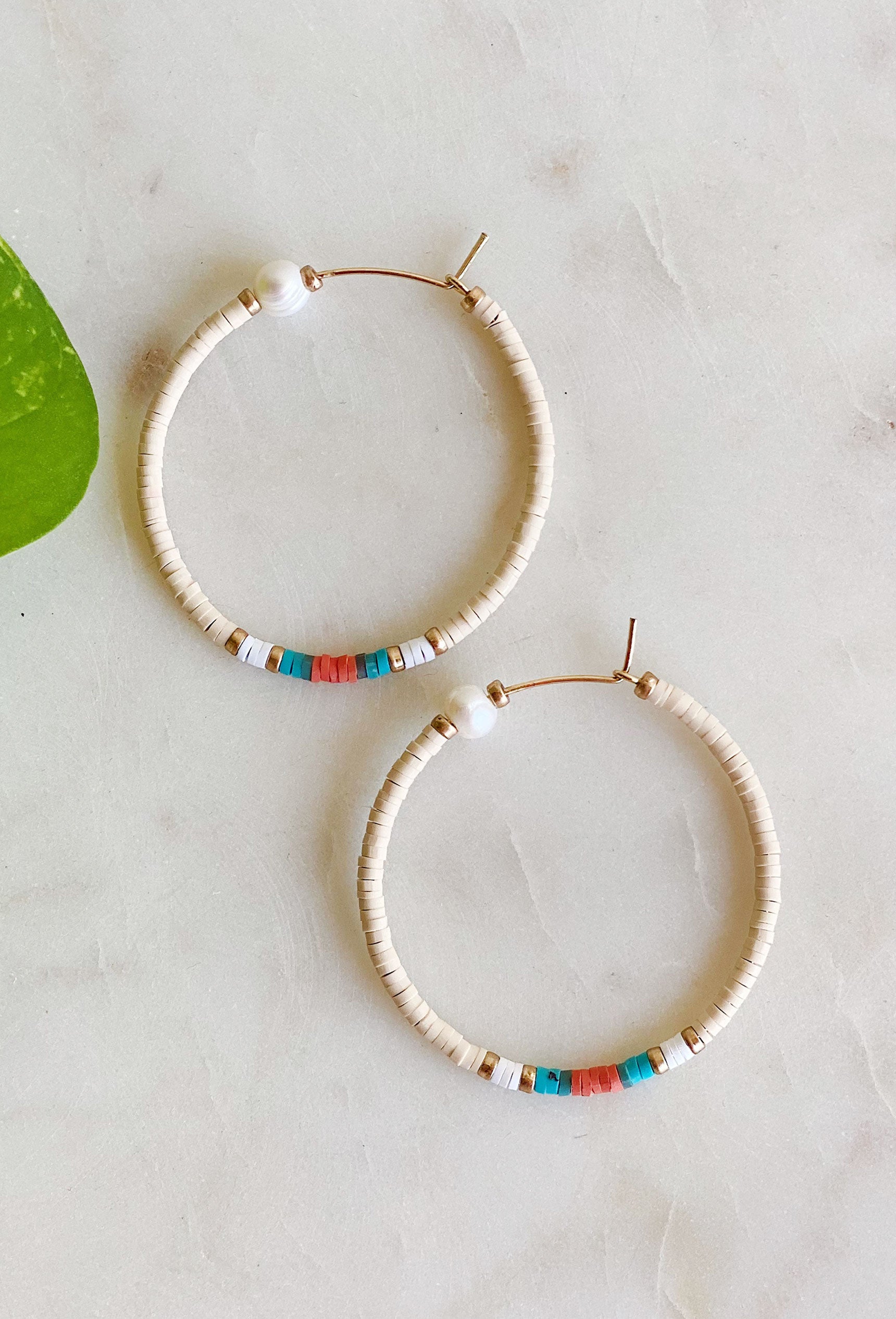 Shore Meetup Disc Hoop Earrings, Medium size hoop with a pearl detail, reign discs and gold beads