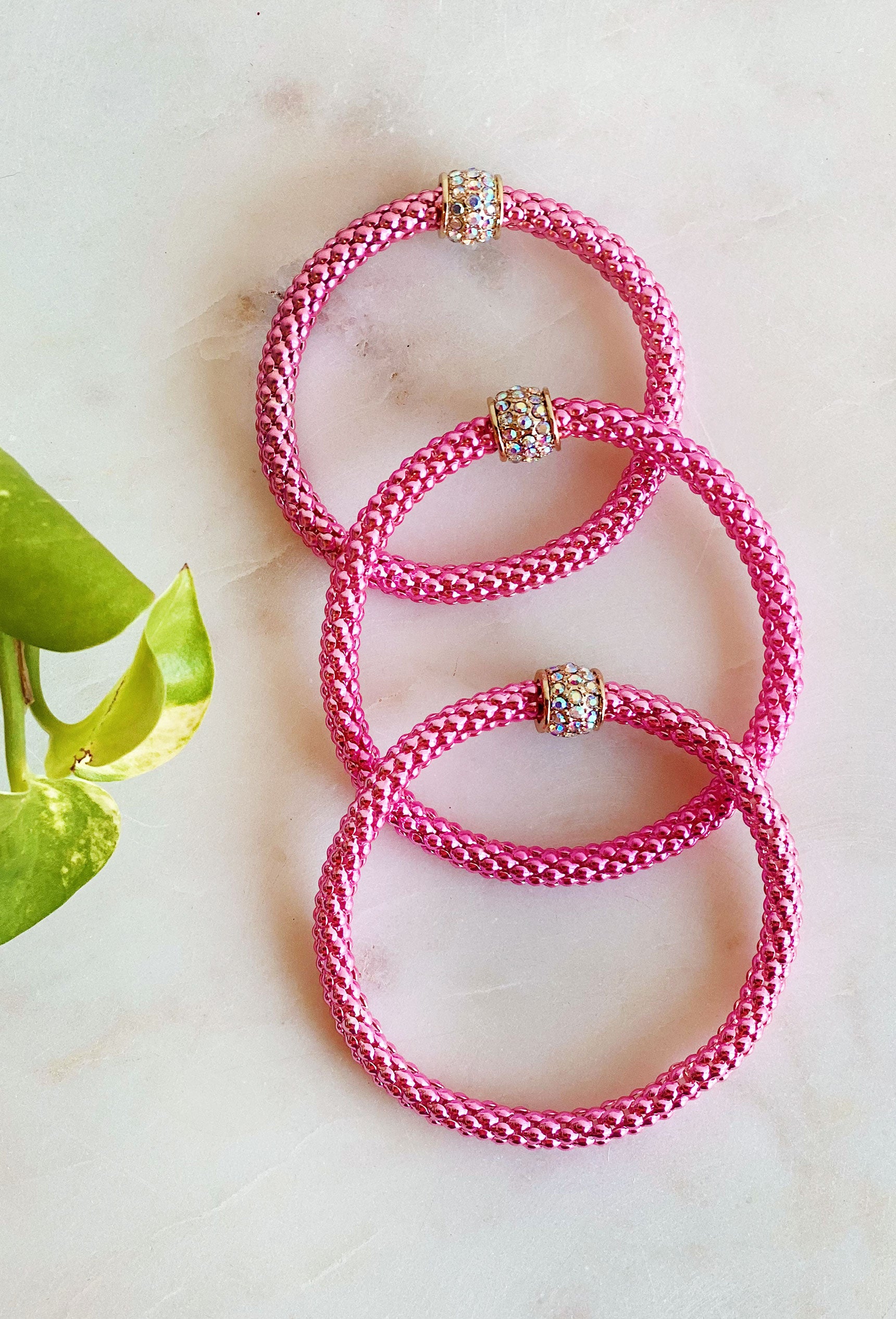 Show Stopper Bracelet Set in Pink, bright pink bracelet, set of 3, gold pave detail