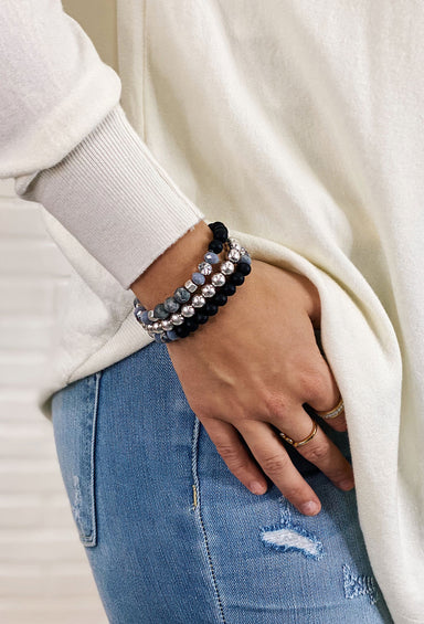 SIlver & Grey Stretch Bracelets,  three bracelets with a combination of shiny silver, matte finishes and iridescent beads in a variety of shapes and sizes, set of 3, pull on styling