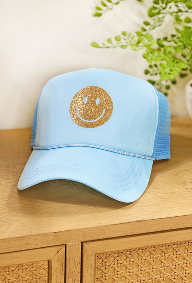 Smiles For Miles Trucker Hat in Blue, blue trucker hat with gold smiley face