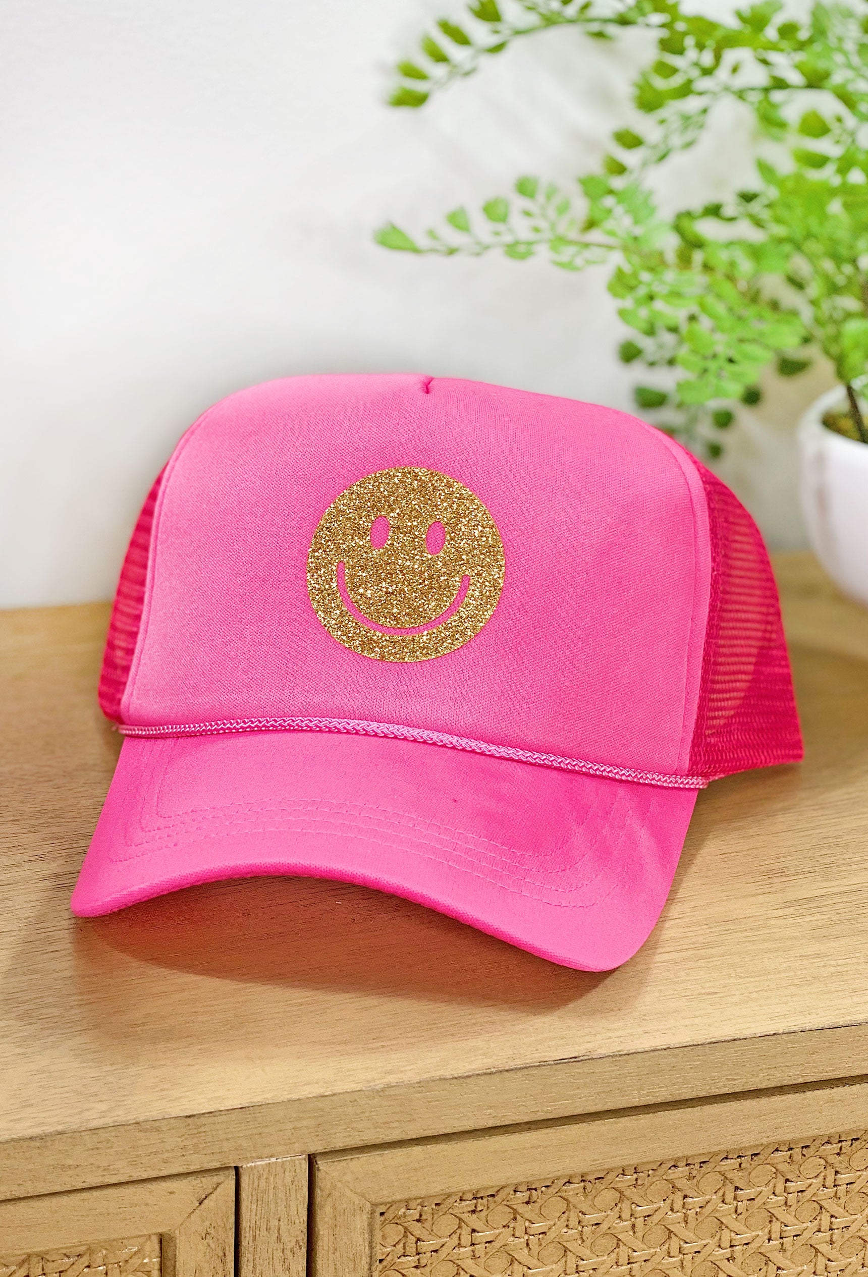 Smiles For Miles Trucker Hat in Pink, pink trucker hat with gold smiley face