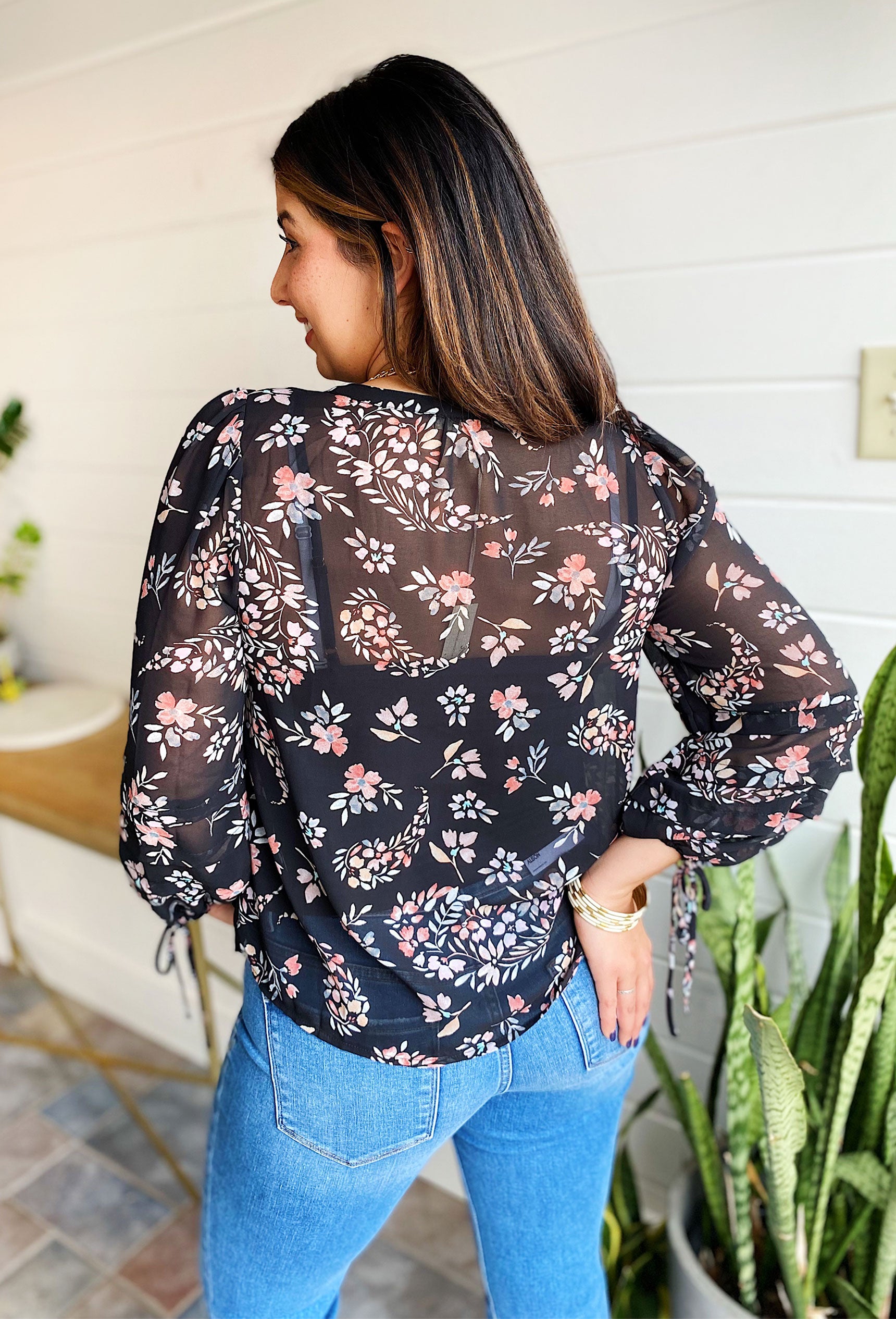 Soho Sweetness Floral Blouse, sheer black top with cami underneath, button up floral design\