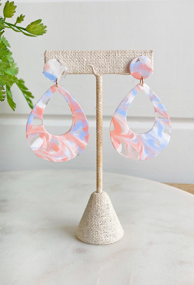 Somewhere In The Tropics Earrings, teardrop shaped drop earrings, blue and pink marbled design