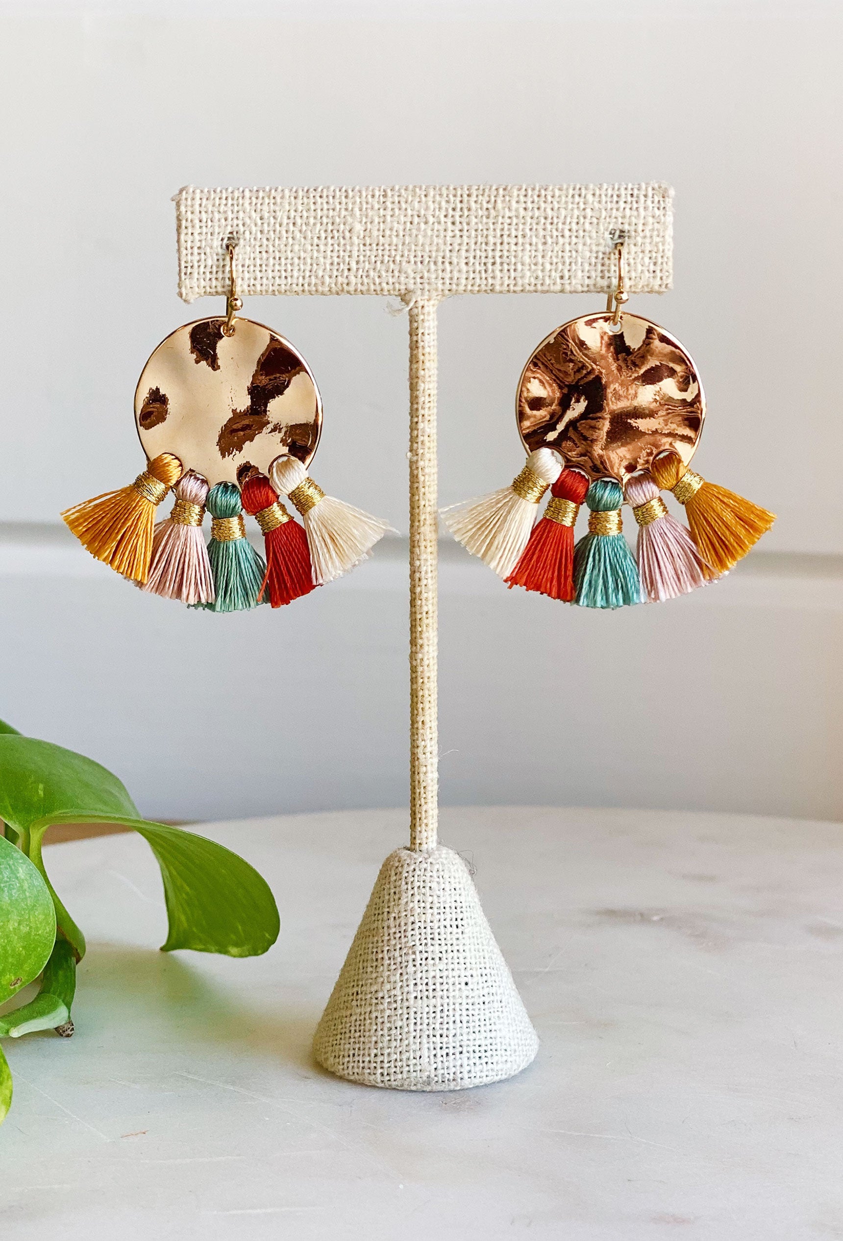 Stella Tassel Earrings in Multi, gold hammered circle, drop earrings, multi colored tassels