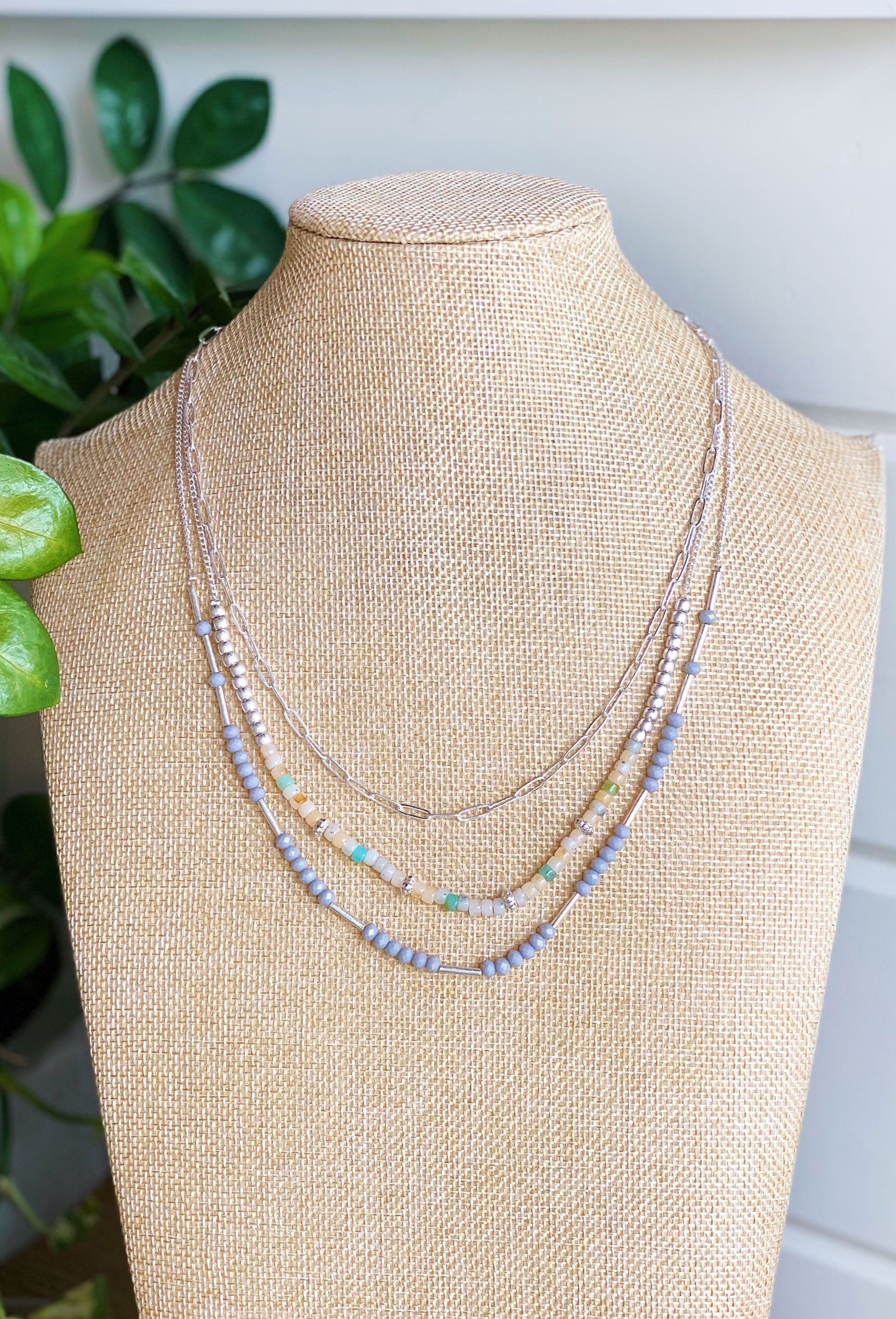 Summer Glow Layered Necklace, Dainty silver paperclip necklace layered with colorful beads suspended along a dainty silver chain