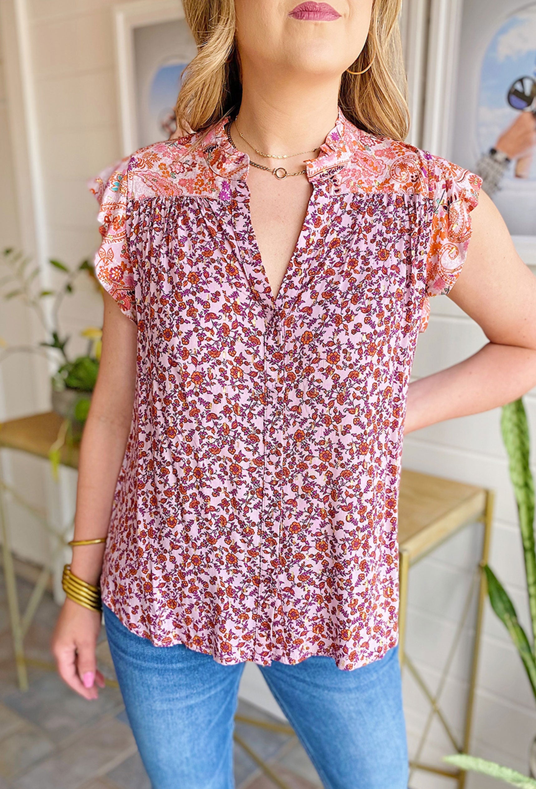 Summertime Blooms Blouse, purple blouse, small floral detailing, metallic gold flakes threaded in the blouse, lined v-neckline