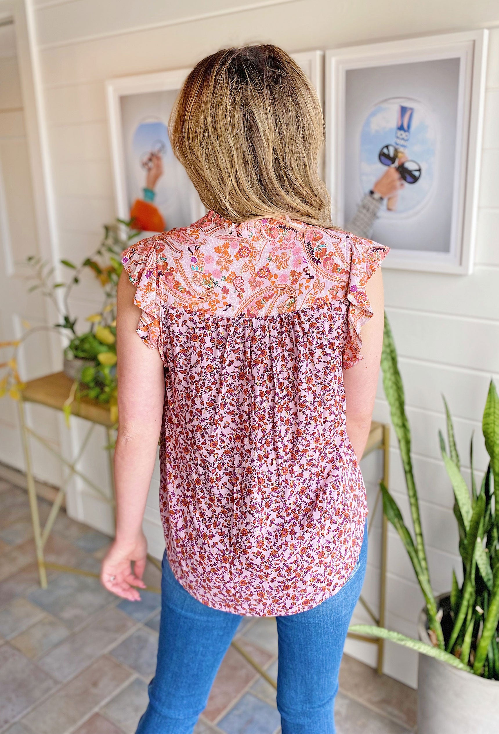 Summertime Blooms Blouse, purple blouse, small floral detailing, metallic gold flakes threaded in the blouse, lined v-neckline