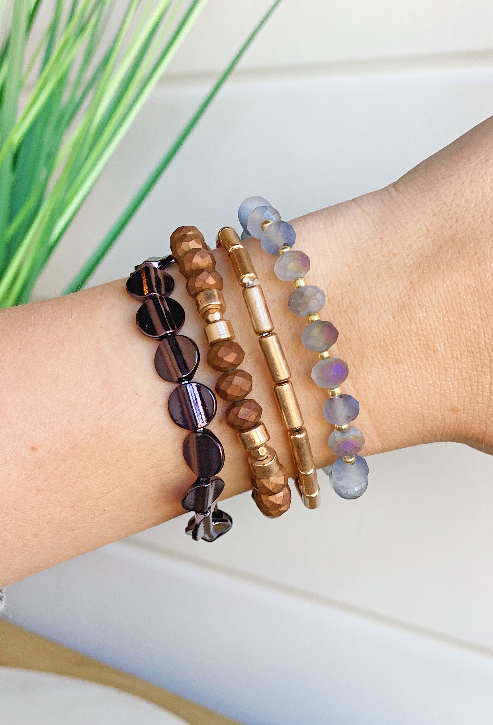 Sunstone Bracelet Set in Brown, set of 4 bracelets, stretchy, brown and purple beads