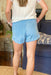 Sweet Escape Chambray Shorts in Light Blue, high rise, light blue denim, elastic waist, self tie detail, pockets
