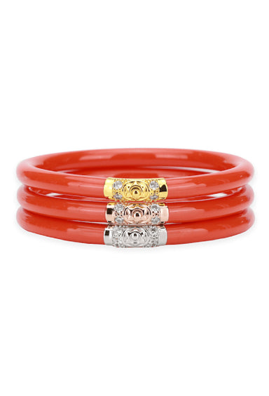 BUDHAGIRL Three Kings All Weather Bangles in Coral, 3 piece orange/red bangle with gold, rose gold, and silver beads 
