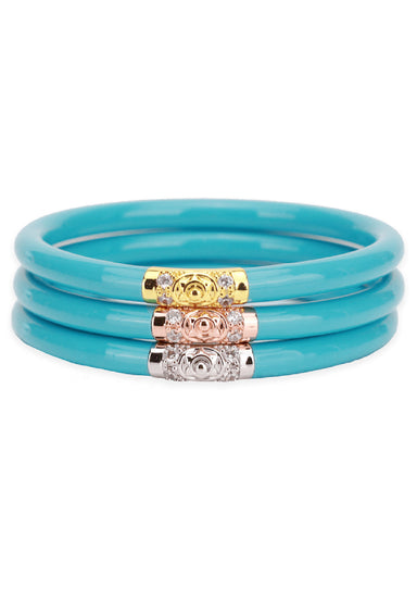 BUDHAGIRL Three Kings All Weather Bangles in Turquoise, 3 piece turquoise bangle with gold, rose gold, and silver beads 