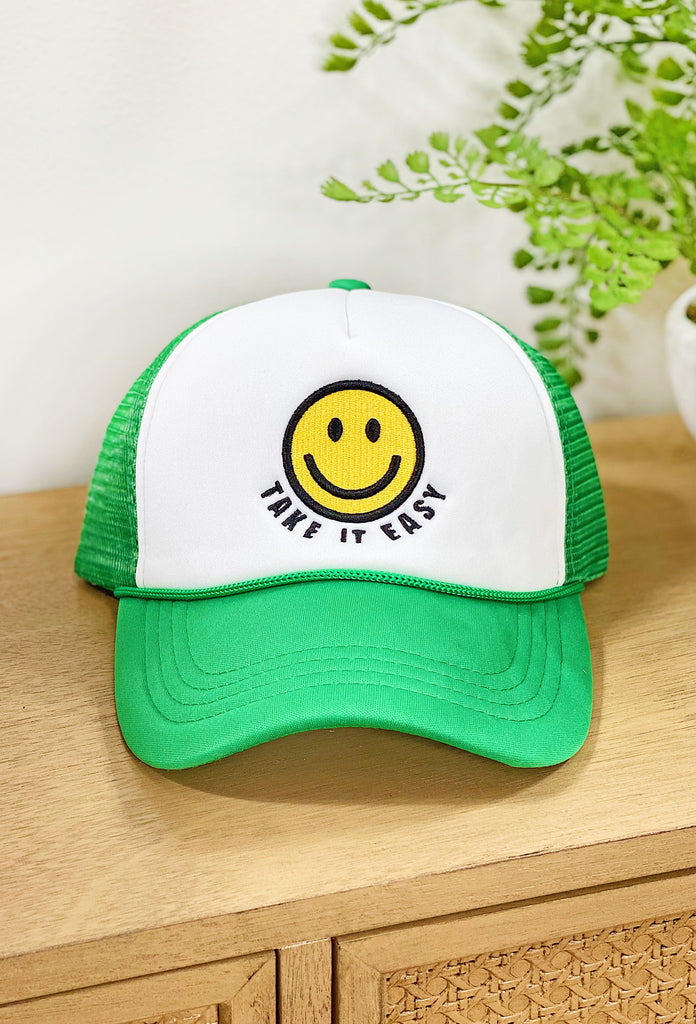 Take It Easy Trucker Hat in Green | Groovy\'s | Trucker Hat | Summer | Snapback Caps