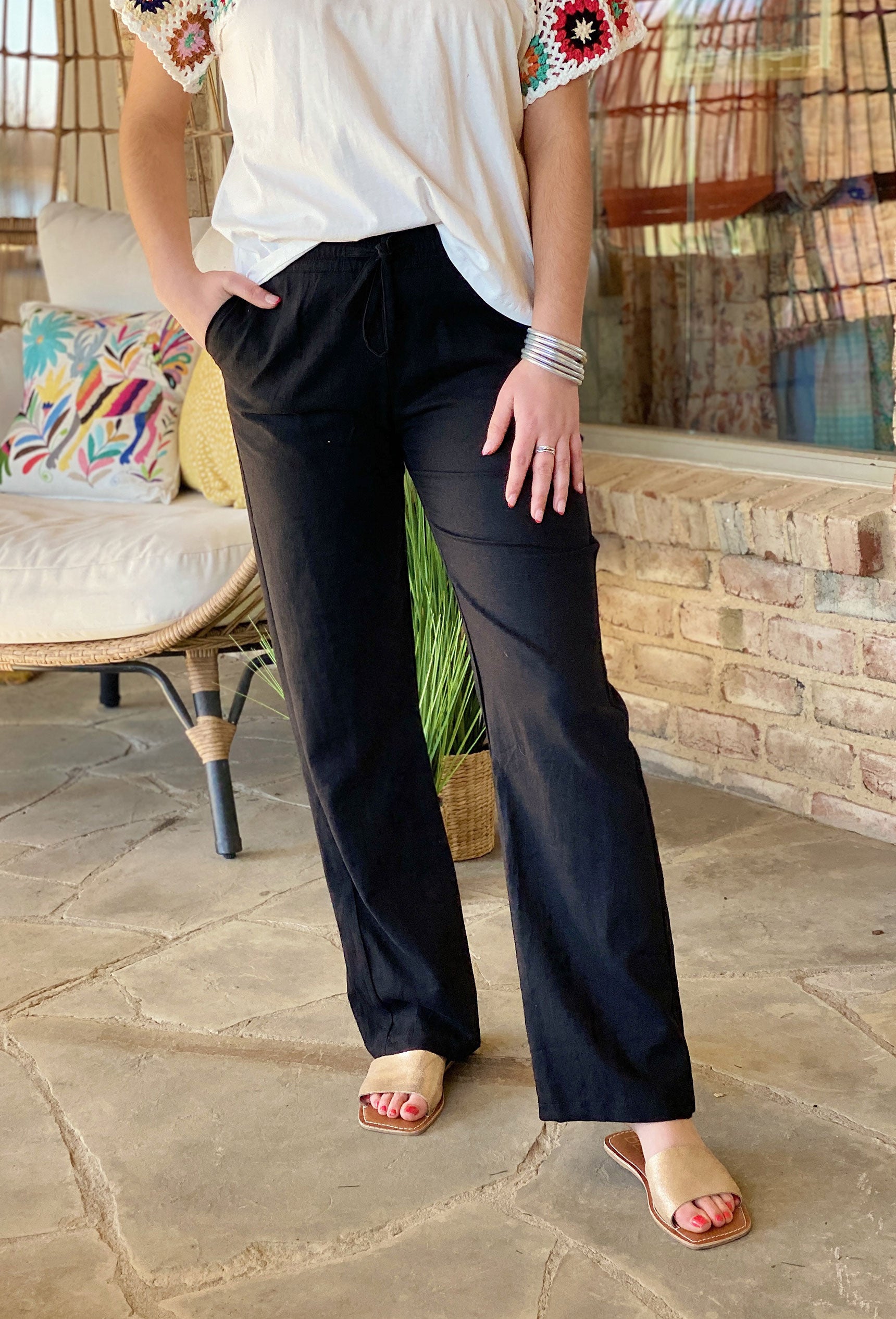 Take the Coast Linen Pants in Black, black linen pants, elastic waist, self tie detail, pockets