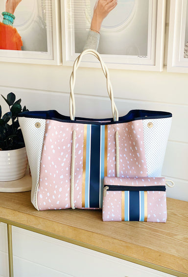 The Ann Neoprene Tote, fawn print, navy and gold stripe, navy inside, comes with pouch inside