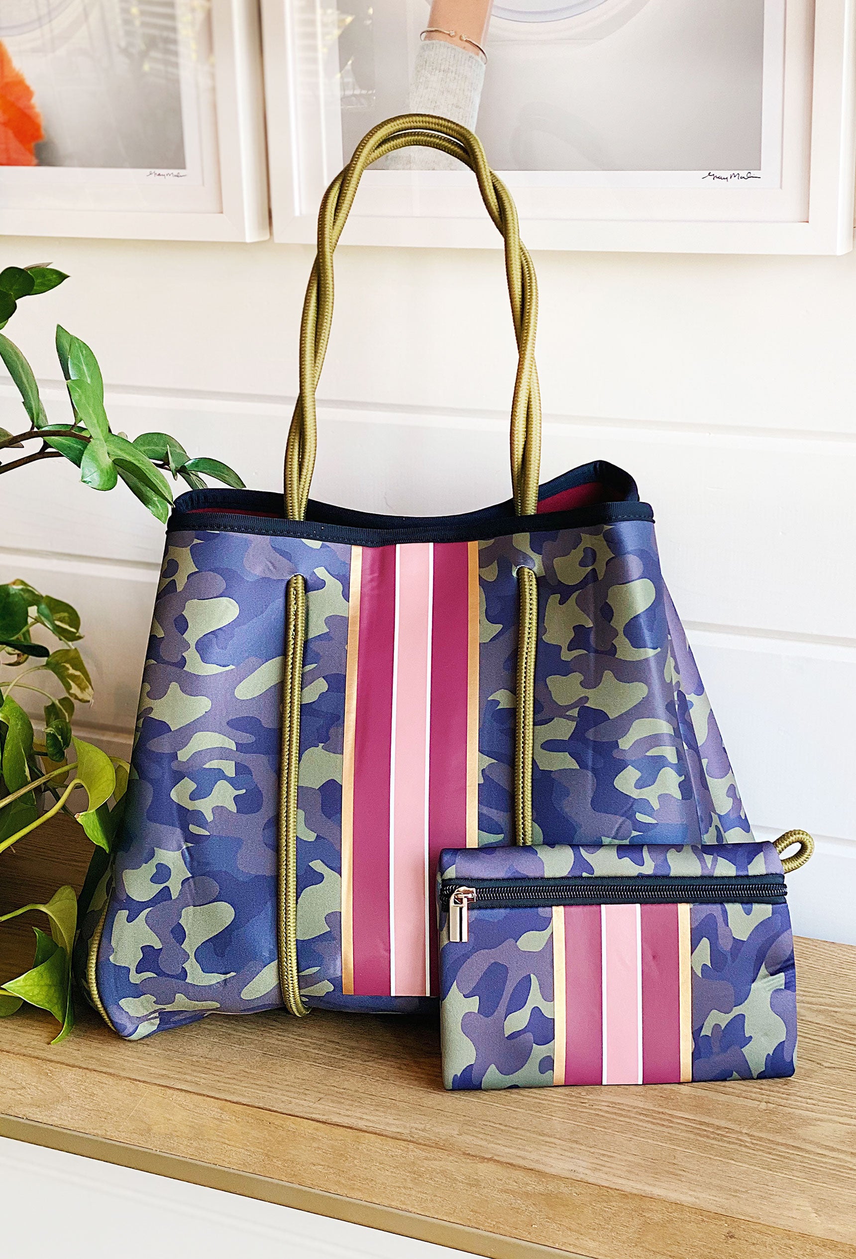 The Carroll Neoprene Tote, Taylor Gray camo tote with stripes 