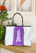 Taylor Gray Marissa Neoprene Tote Bag, white coated neoprene bag with purple panel and white embroidery, neoprene bag with Mexico inspired inside pattern