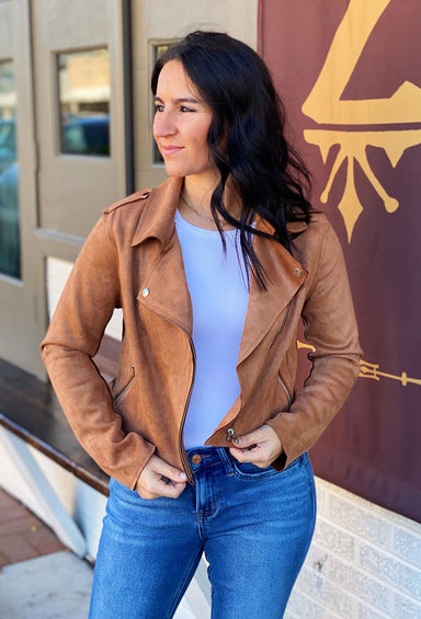 Tell Me About It Moto Jacket, camel colored Moto jacket
