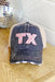 Texas Embroidered Baseball Cap, denim baseball cap, tan meshing on the back, TX embroidered on the front with a leopard design