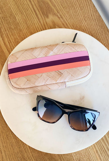 The Amanda Neoprene Sunglass Case, faux woven print, double zipper closure, pink and purple stripe