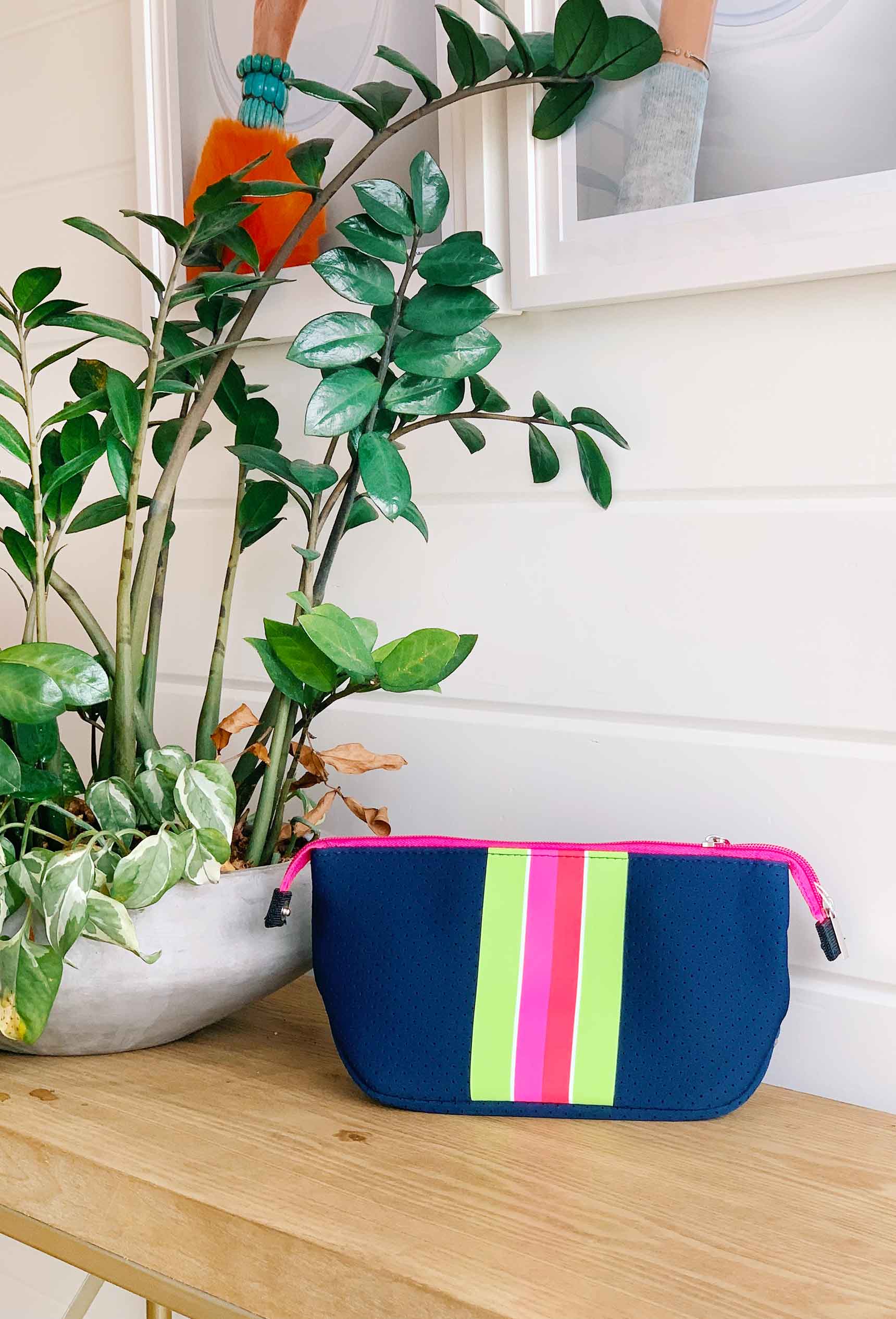 The Melissa Neoprene Small Cosmetic, Navy Neoprene cosmetics with lime and pink stripes