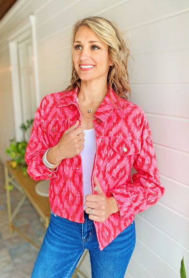 Think Pink Aztec Corduroy Jacket, pink and red aztec corded jacket, button up, front pockets 