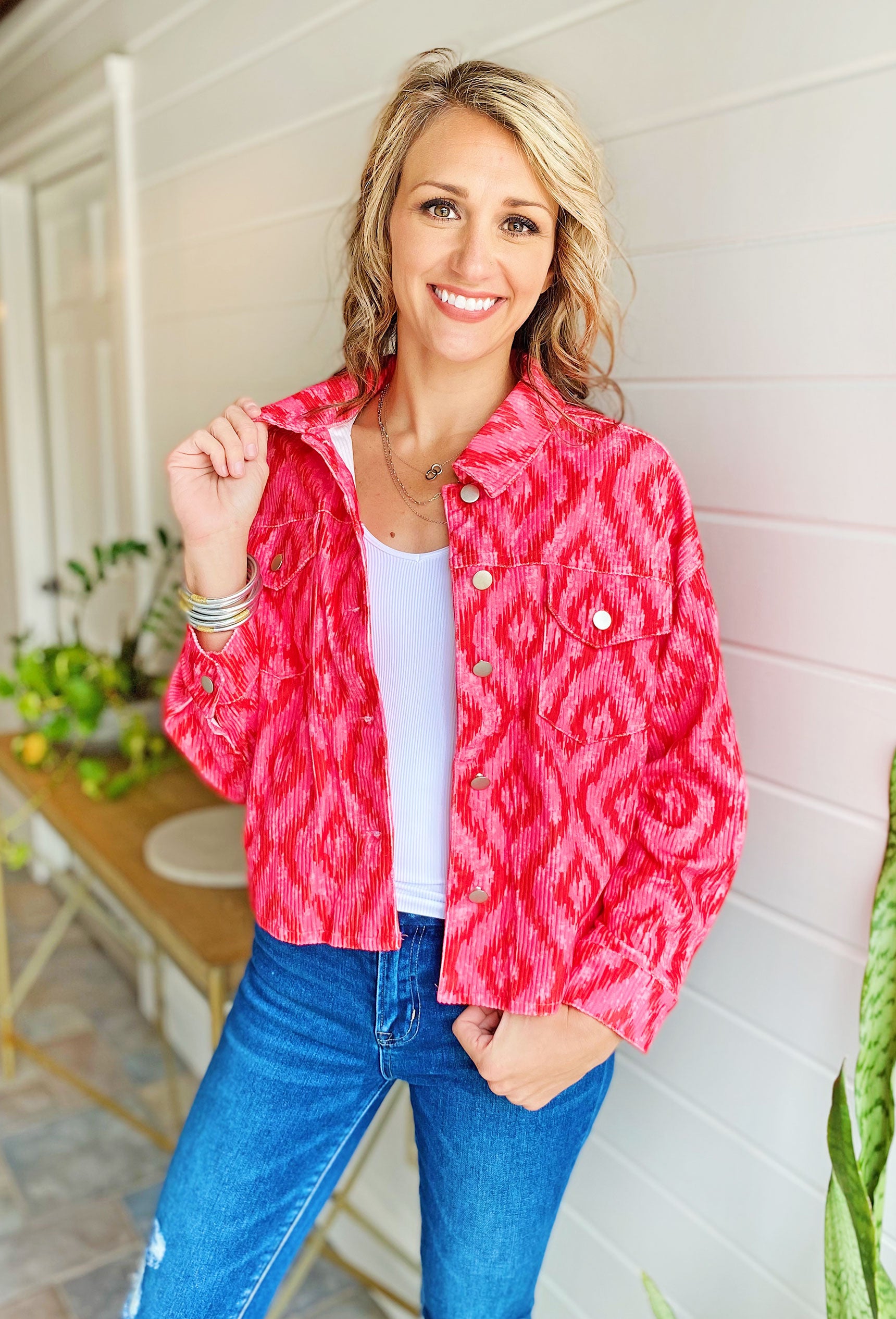 Think Pink Aztec Corduroy Jacket, pink and red aztec corded jacket, button up, front pockets 