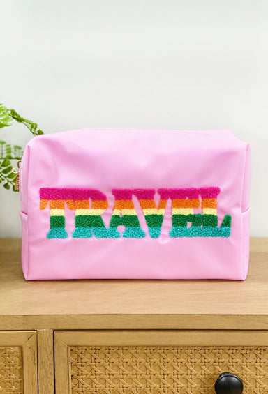 Travel Nylon Cosmetic Bag, pink nylon cosmetic bag with rainbow "travel"patch