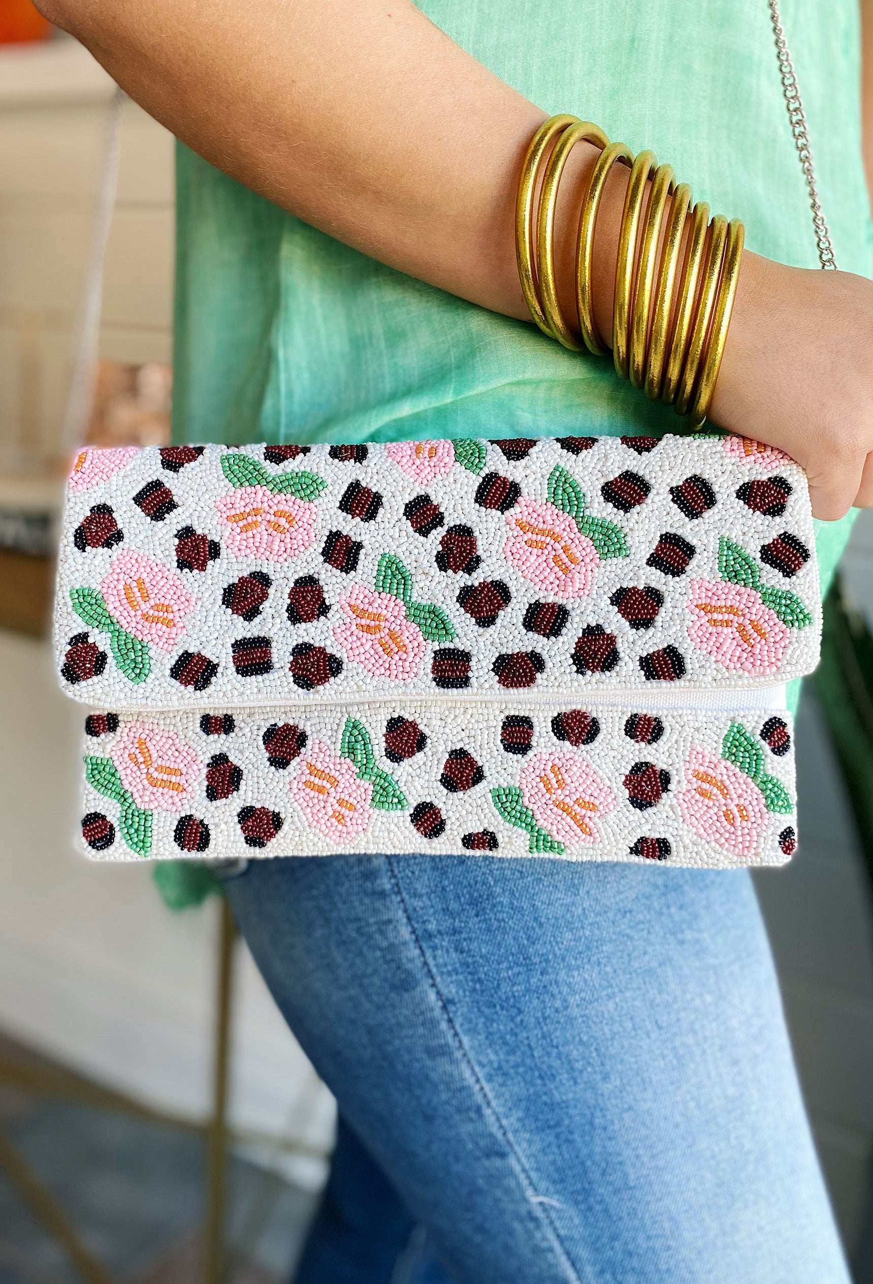 Trend Spotter Beaded Clutch, beaded clutch with crossbody bag strap, floral and leopard beaded pattern