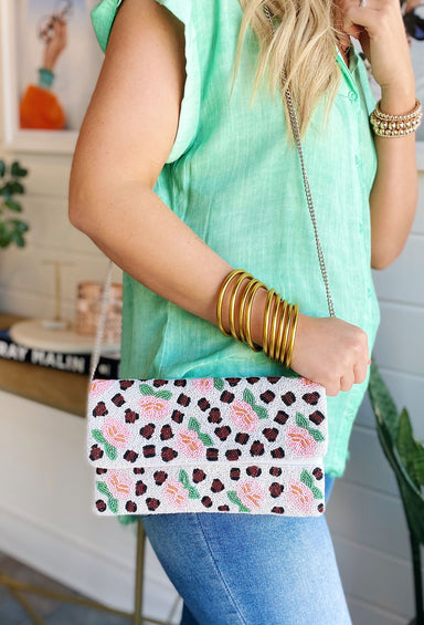 Trend Spotter Beaded Clutch, beaded clutch with crossbody bag strap, floral and leopard beaded pattern