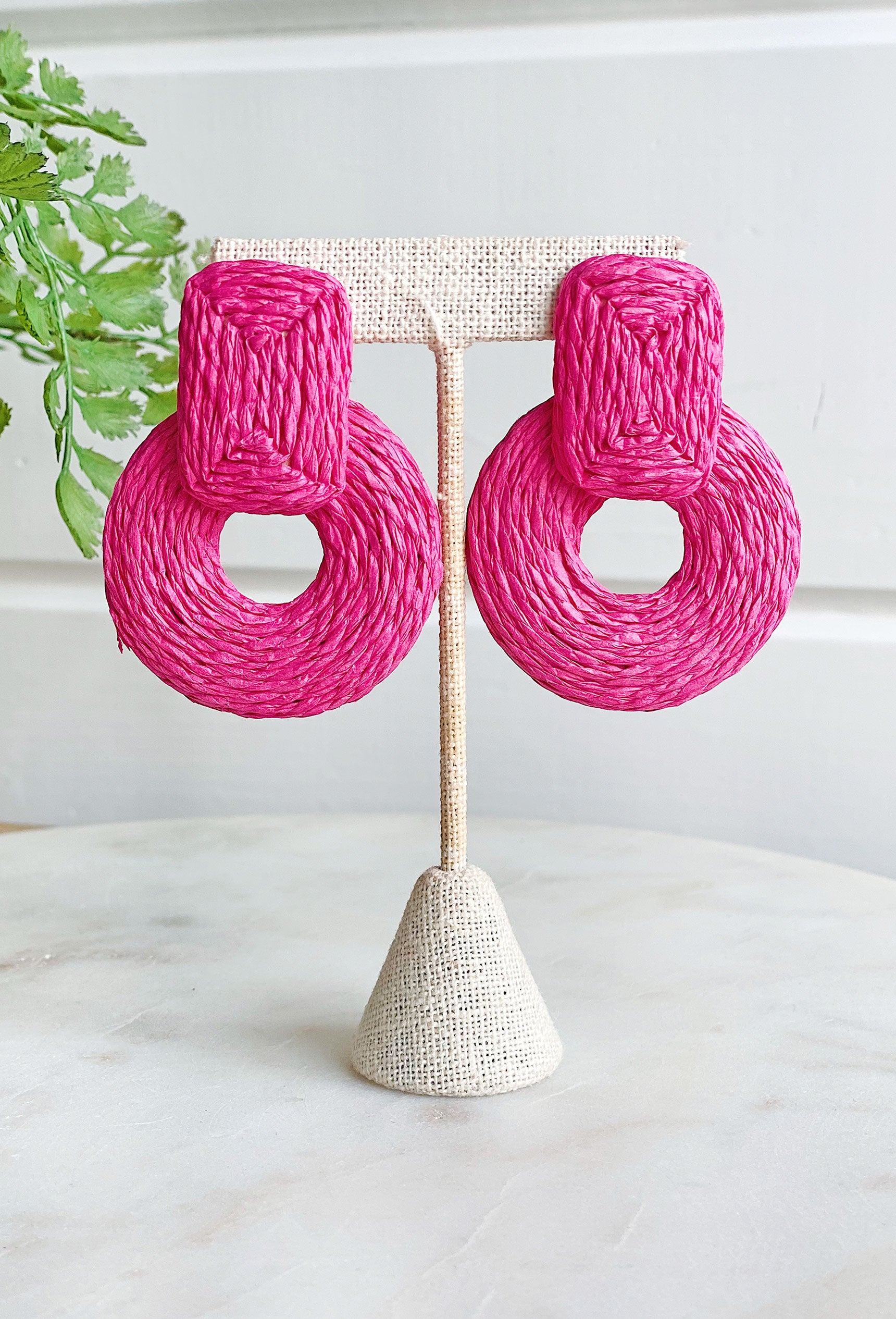 Truly Tropical Earrings in Pink, wrapped raffia earrings, square post with circle drop detail