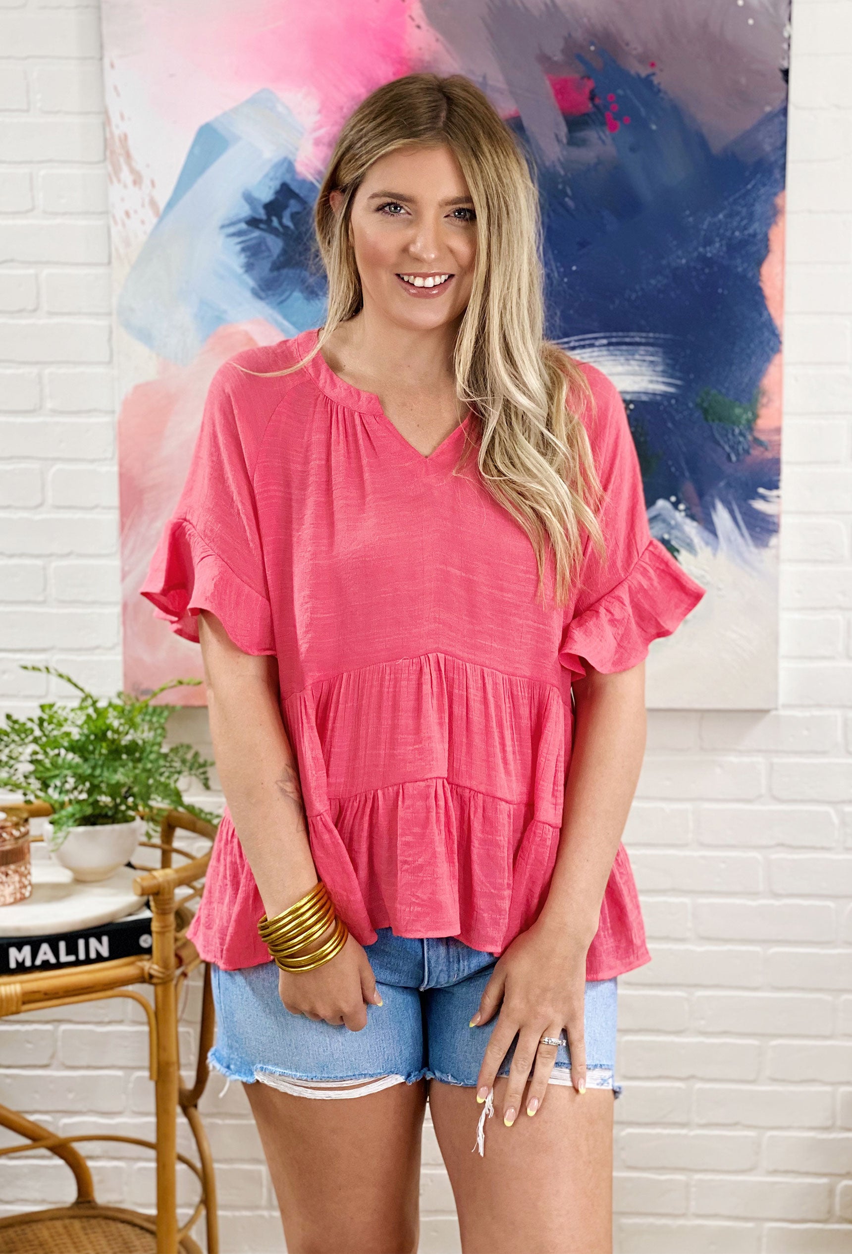 Try All You Want Ruffle Tiered Top, pink top, tiered body, v-neck, ruffle sleeves 