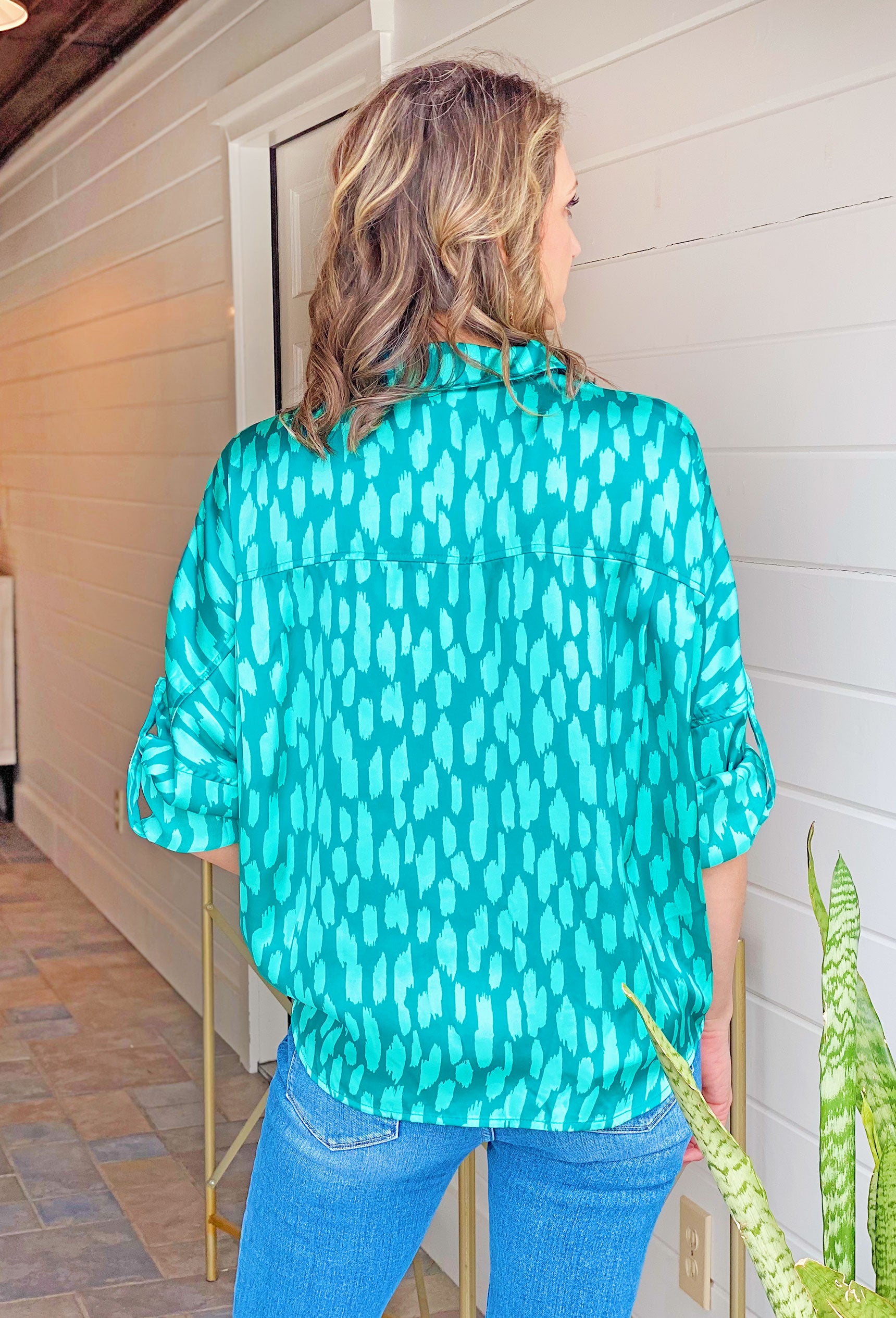 Try Your Luck Blouse, two toned turquoise silk blouse, button up detailing