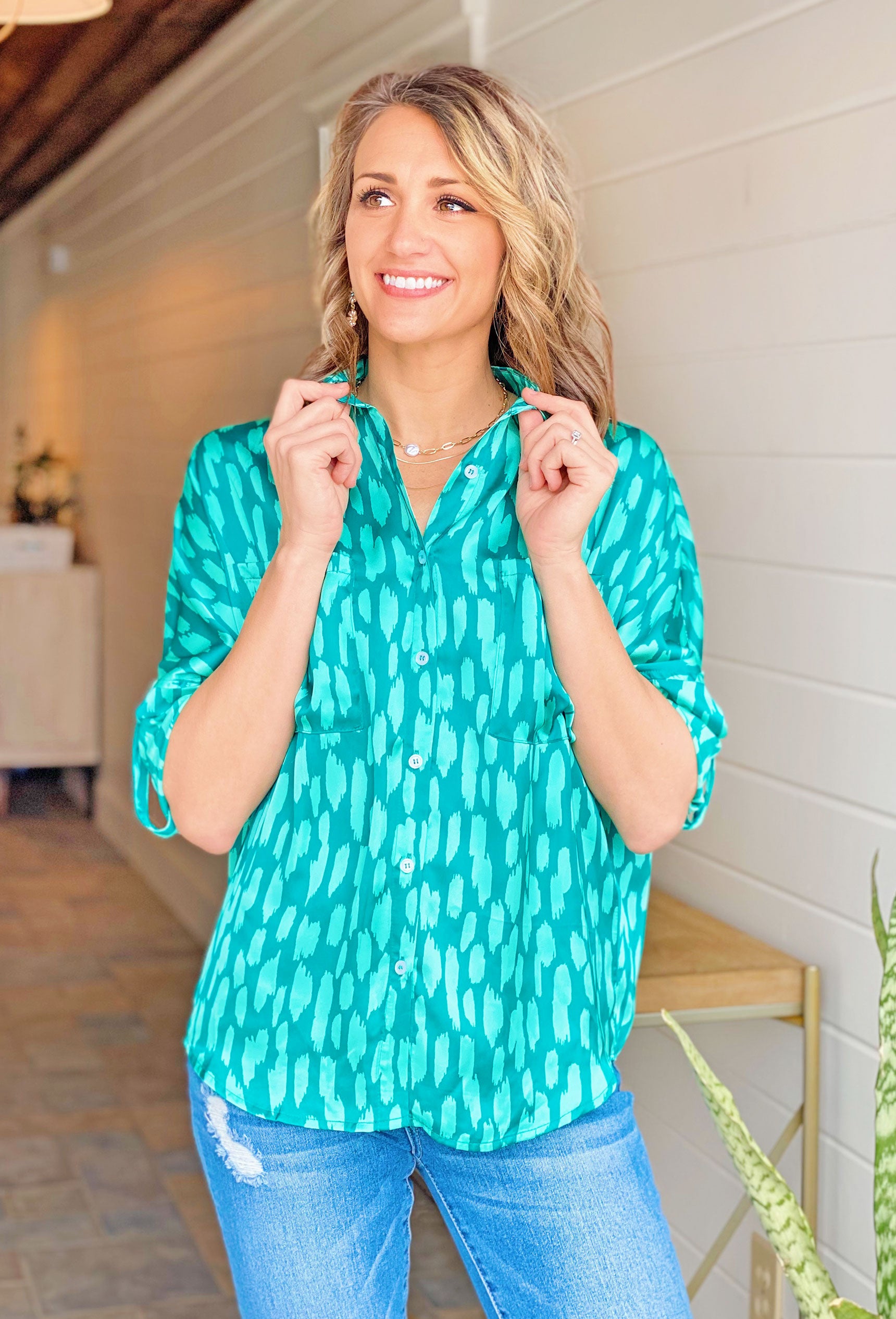 Try Your Luck Blouse, two toned turquoise silk blouse, button up detailing