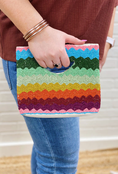 Vacation Mode Beaded Clutch, beaded clutch, stripes of colors in a wave detail