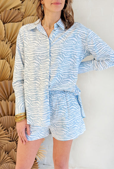 Wild Card Set, white and blue zebra print set, button up top and elastic waist shorts