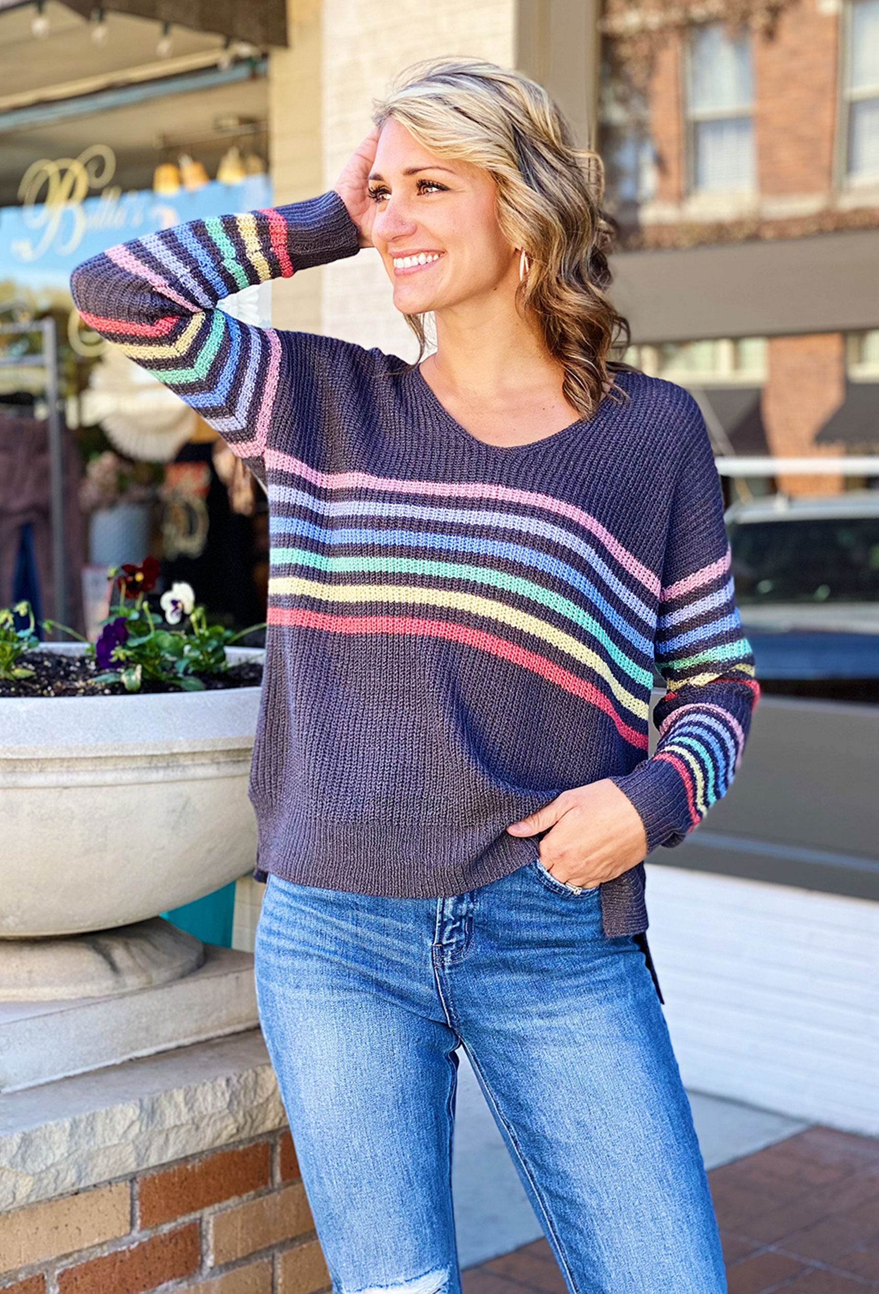 Windy City Striped Sweater, knitted sweater, stripes across the front and sleeves 