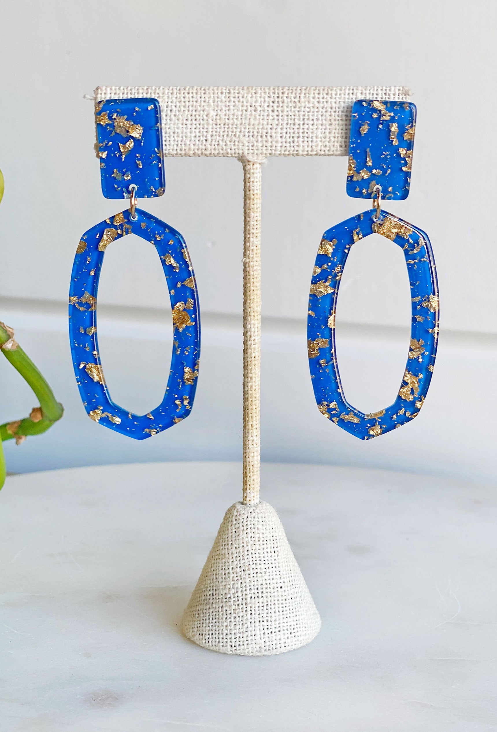 Wish For More Earrings, blue resin earrings with gold flakes inside