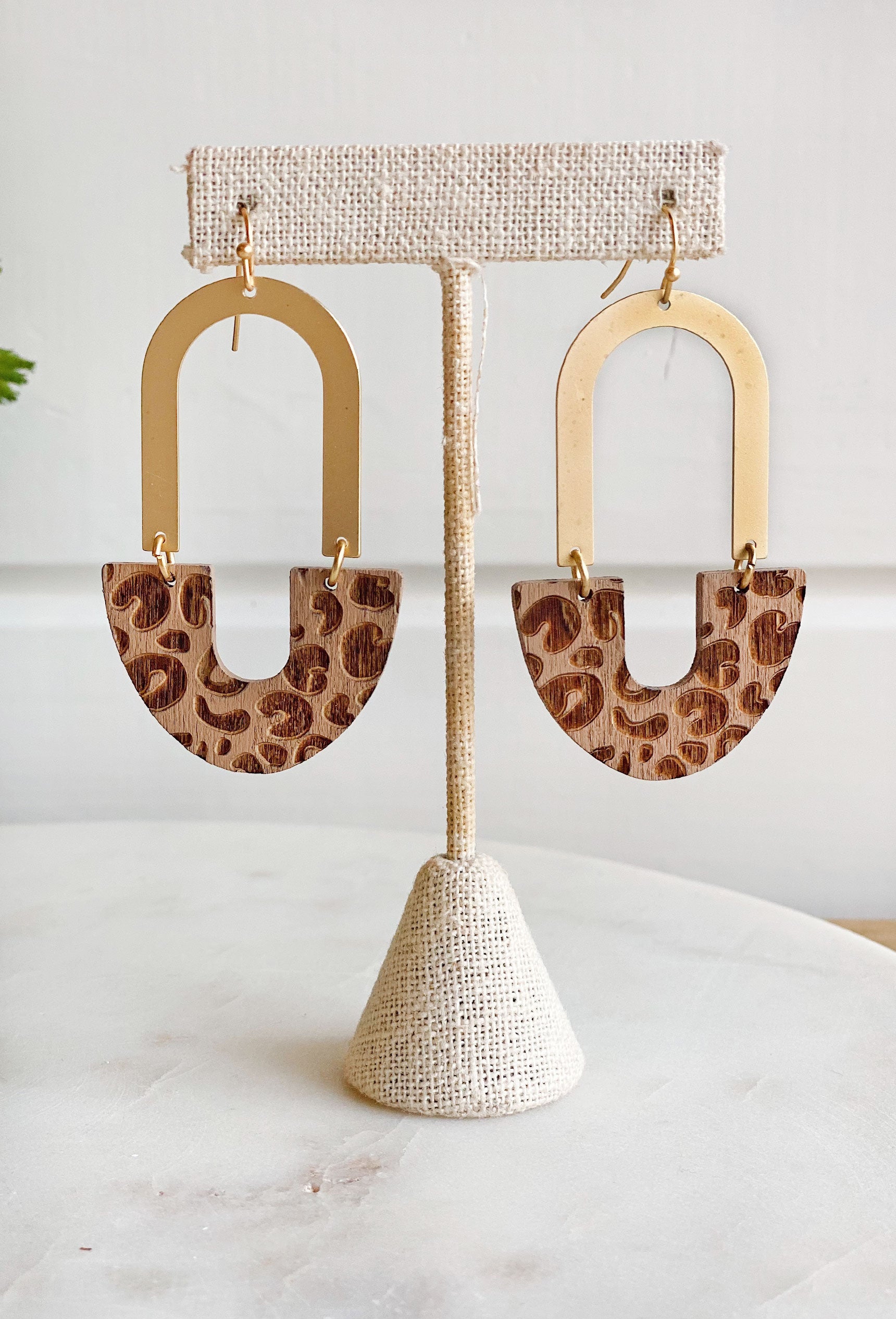Yours Truly Leopard Earrings, gold and wood earring, wood is engraved with leopard print