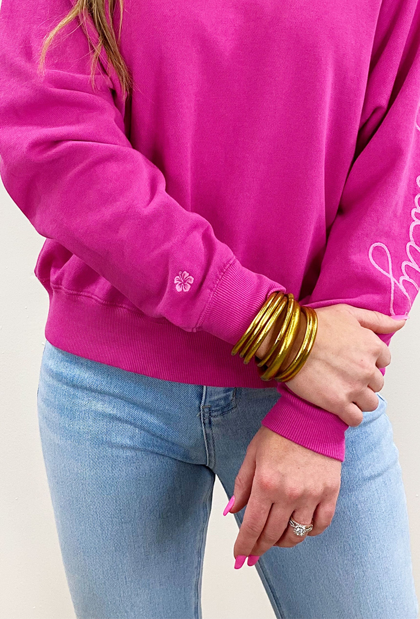 Z SUPPLY Vintage Statement Sweatshirt in Fiesta Fuchsia, pullover with embroidered wording on the sleeve, embroidered flower detailing on the opposite sleeve