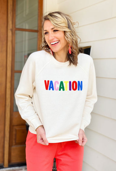 Z SUPPLY Vacation Sweatshirt, cream pullover with "vacation" patches in different colors